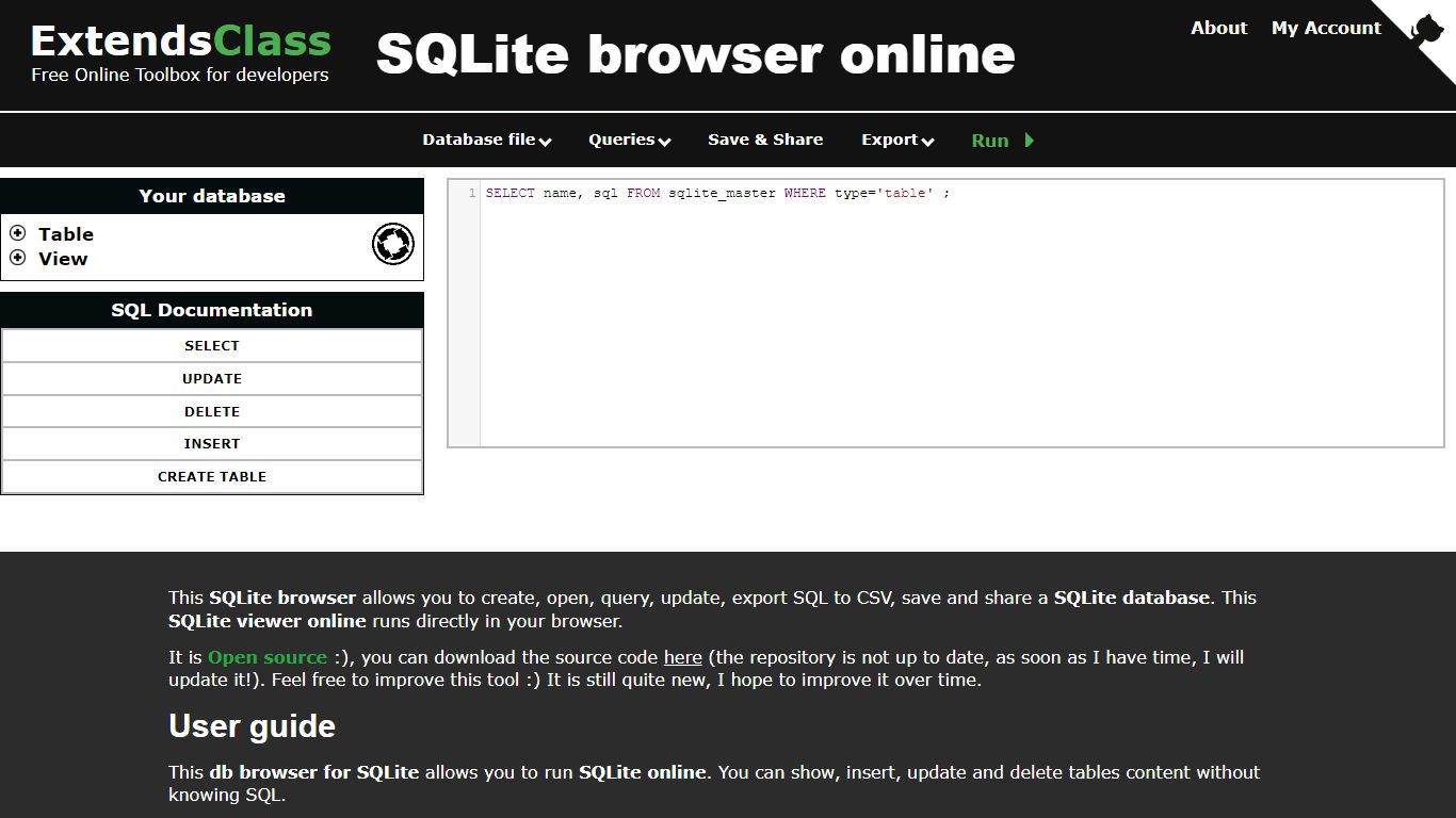 SQLite browser - Online SQL interpreter - ExtendsClass